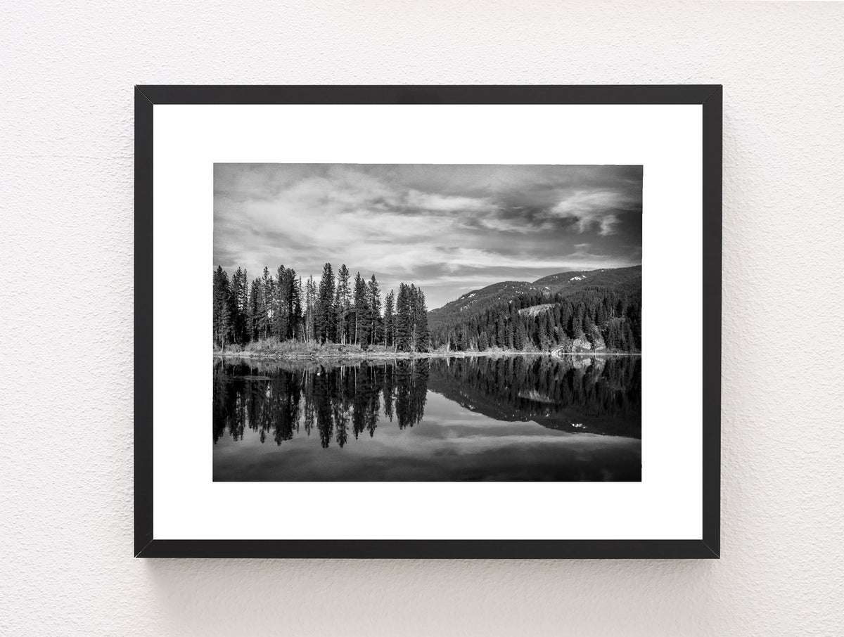 Skookum Lake Idaho Photography, Black and White Forest Reflection Art
