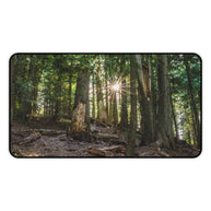 Cedar Forest Desk Mat - Sunlit Woods Gaming Mouse Pad - Extended Nature Keyboard Mat - Scenic Tree Workspace Decor