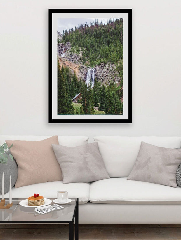 Colorado Cabin and Waterfall Photo Print,  Rustic Mountain Photography