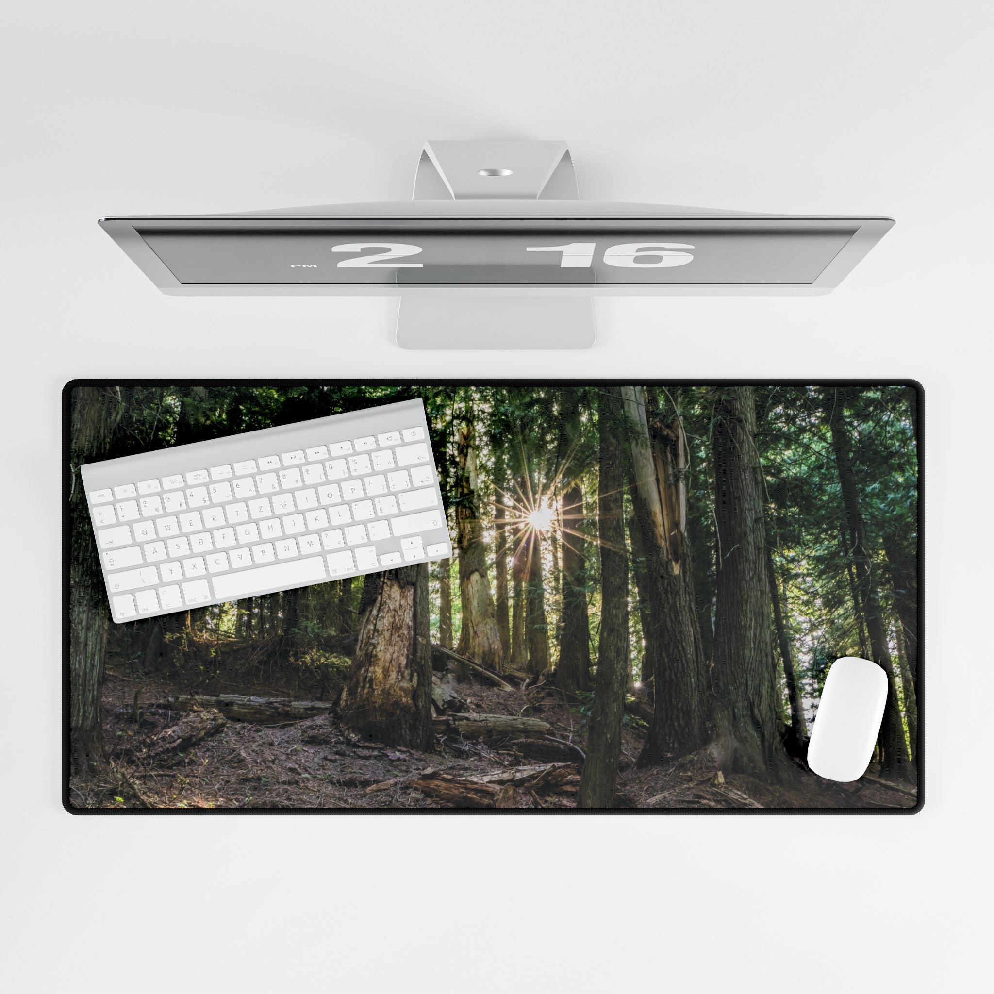 Cedar Forest Sunrise Desk Mat — Large Scenic Mouse Pad for Office & Gaming