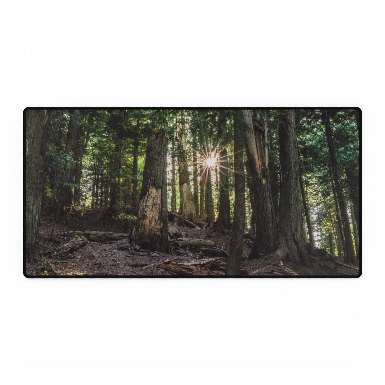 Cedar Forest Sunrise Desk Mat — Large Scenic Mouse Pad for Office & Gaming
