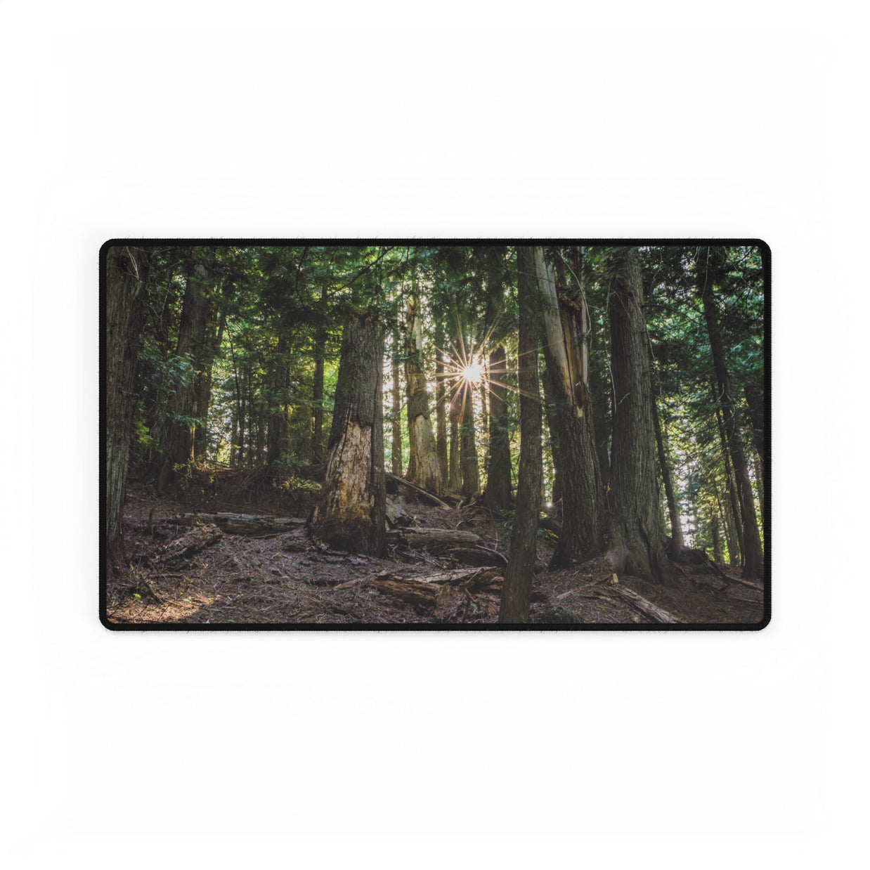 Cedar Forest Sunrise Desk Mat — Large Scenic Mouse Pad for Office & Gaming