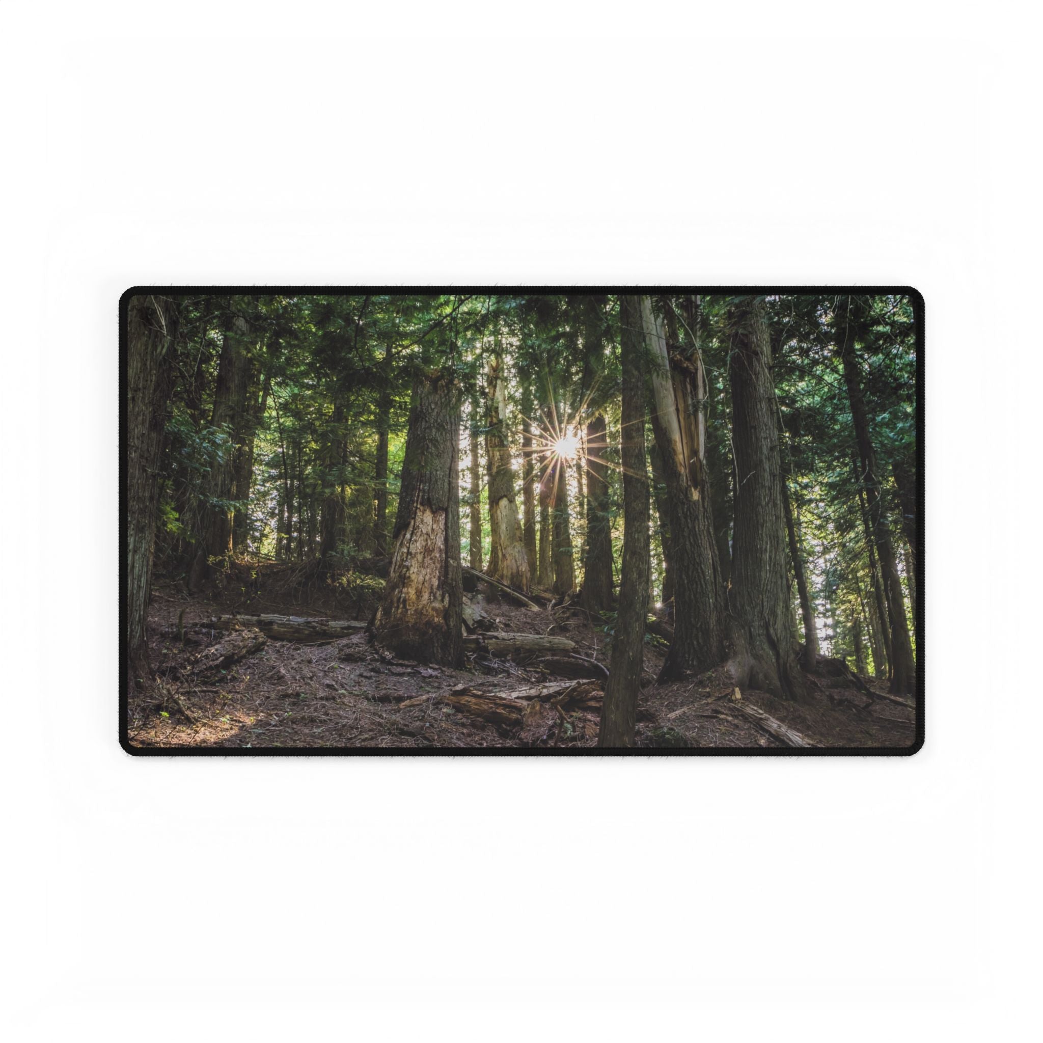 Cedar Forest Sunrise Desk Mat — Large Scenic Mouse Pad for Office & Gaming