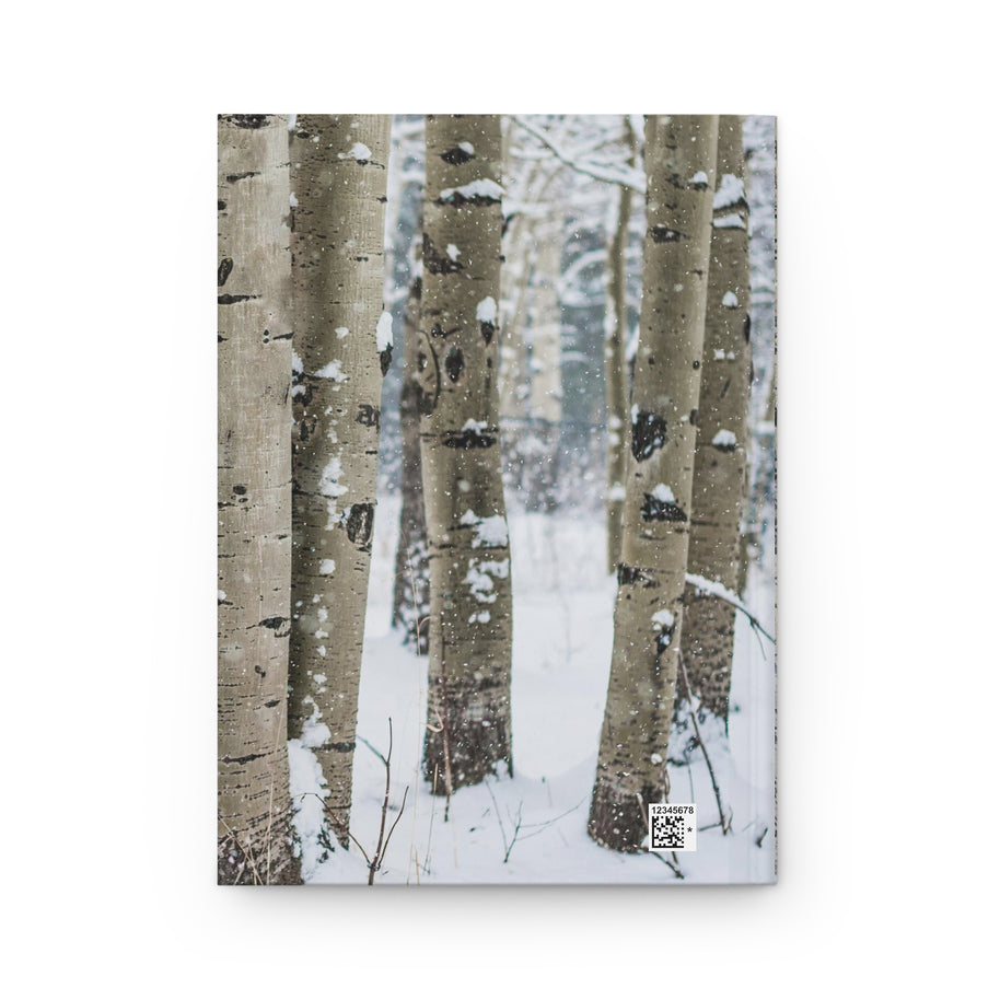 A vertical photographic print or canvas featuring a snowy winter forest with tall aspen tree trunks, shown against a plain white background.