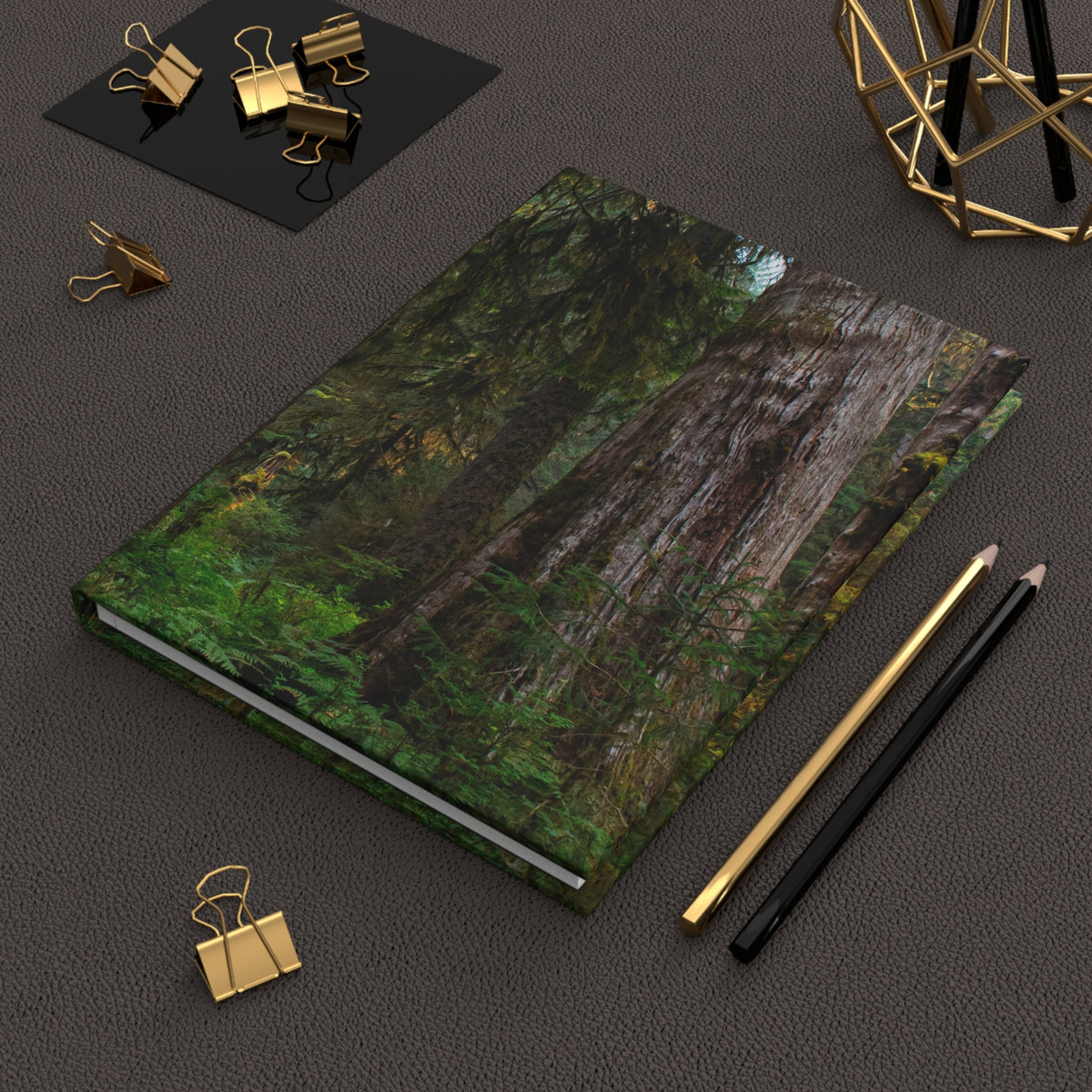 A hardcover notebook with a forest scene cover, styled on a dark textured surface with gold binder clips, pencils, and a geometric gold object.