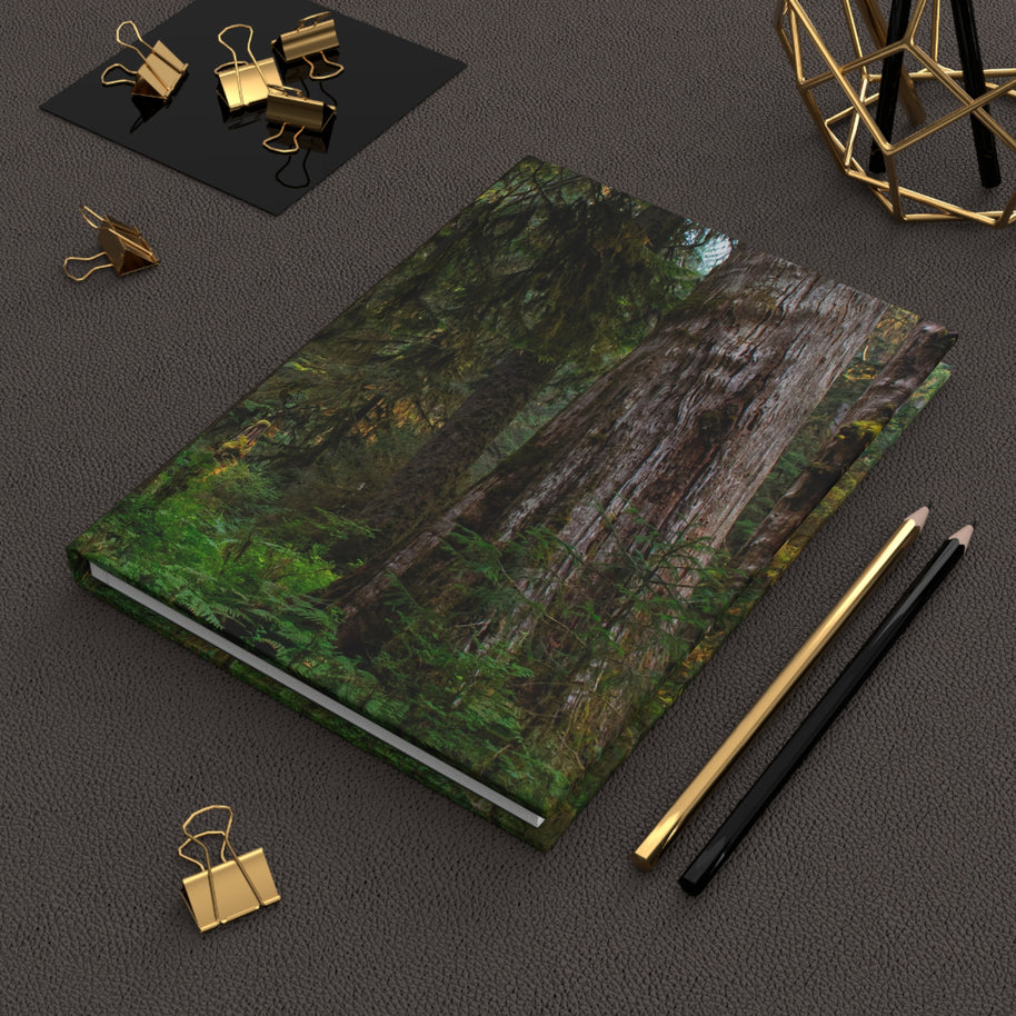 A hardcover notebook with a forest scene cover, styled on a dark textured surface with gold binder clips, pencils, and a geometric gold object.