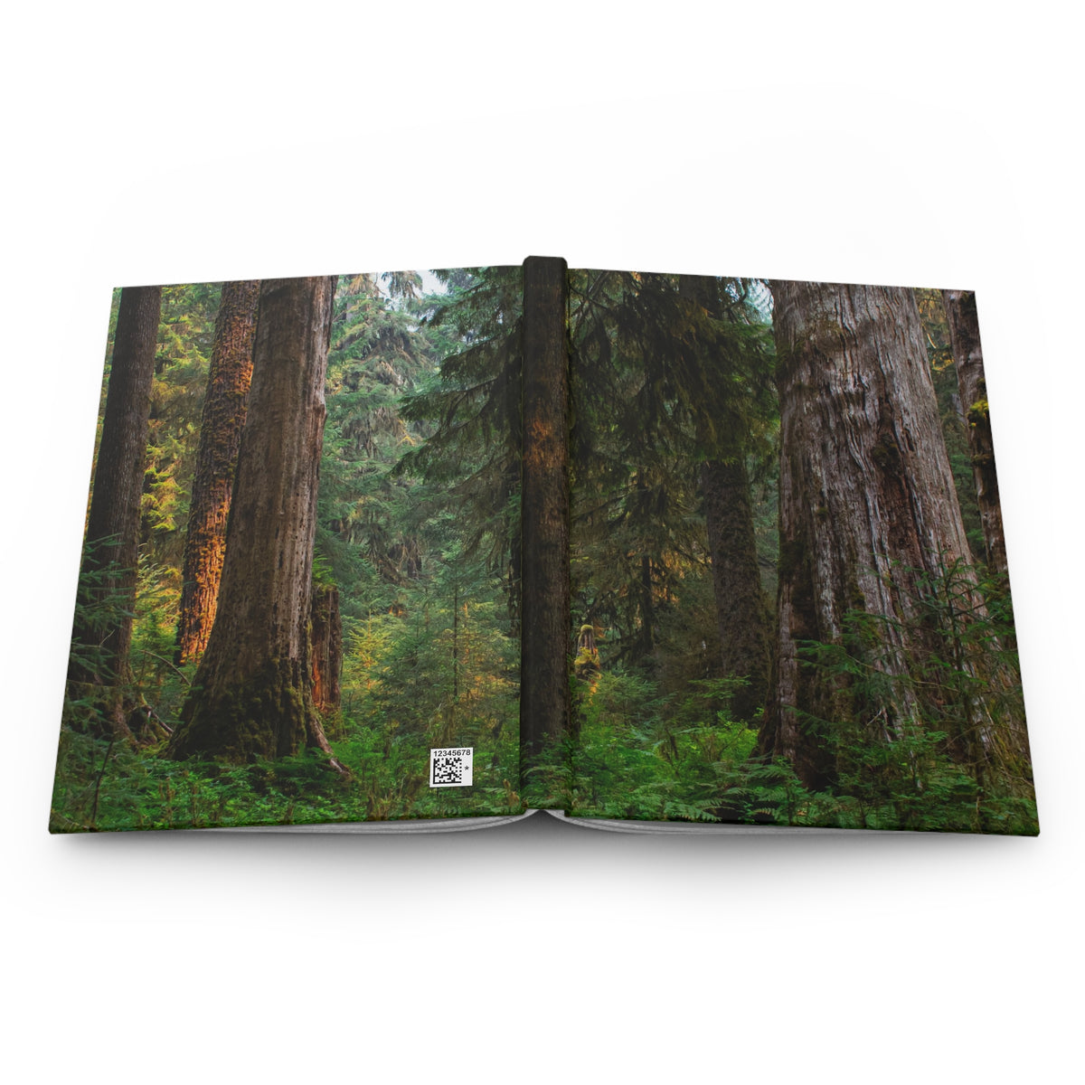 An open hardcover book or journal displayed against a white background, featuring a forest scene with tall trees and green foliage printed across the cover and interior pages.