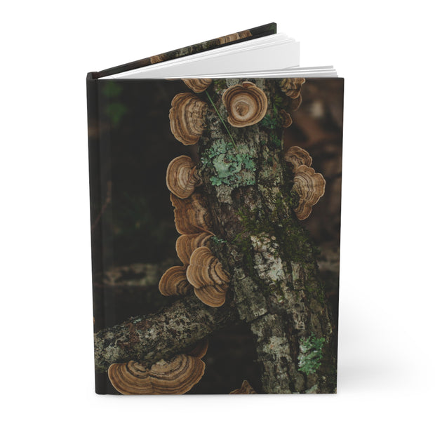 A hardcover notebook or journal standing upright, featuring a cover printed with a close-up photograph of brown shelf mushrooms growing on tree bark. The book is shown open slightly at the top against a clean white background.