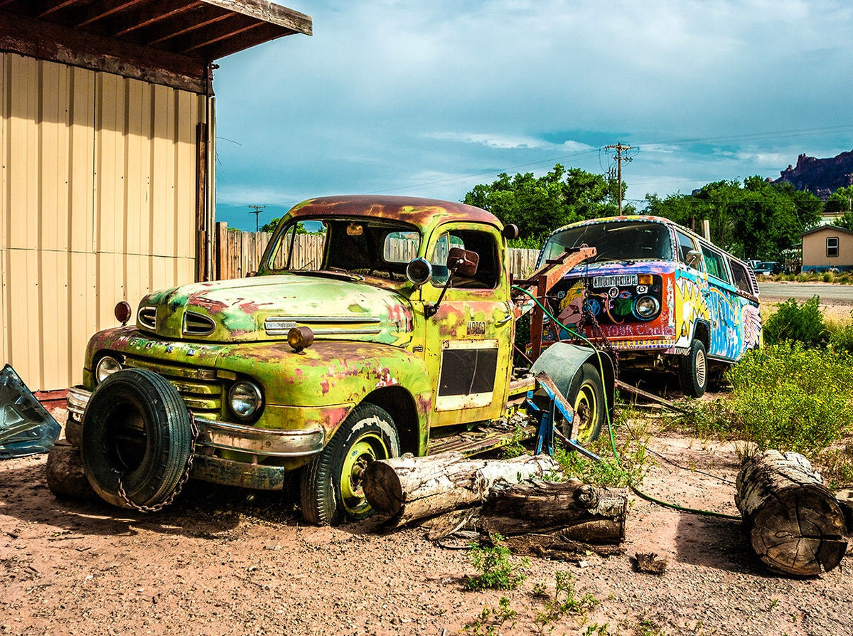 Retro Tow Truck and VW Bus Photo, Moab Utah