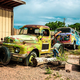 Retro Tow Truck and VW Bus Photo, Moab Utah