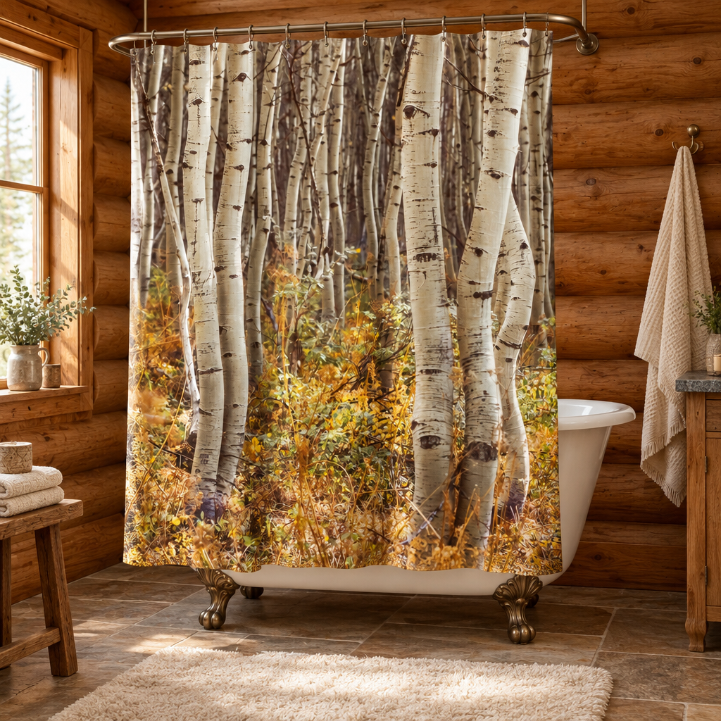 Aspen shower curtain in a log cabin bathroom with a clawfoot bathtub and fluffy rug