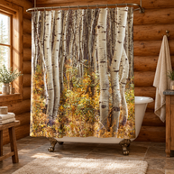 Aspen shower curtain in a log cabin bathroom with a clawfoot bathtub and fluffy rug