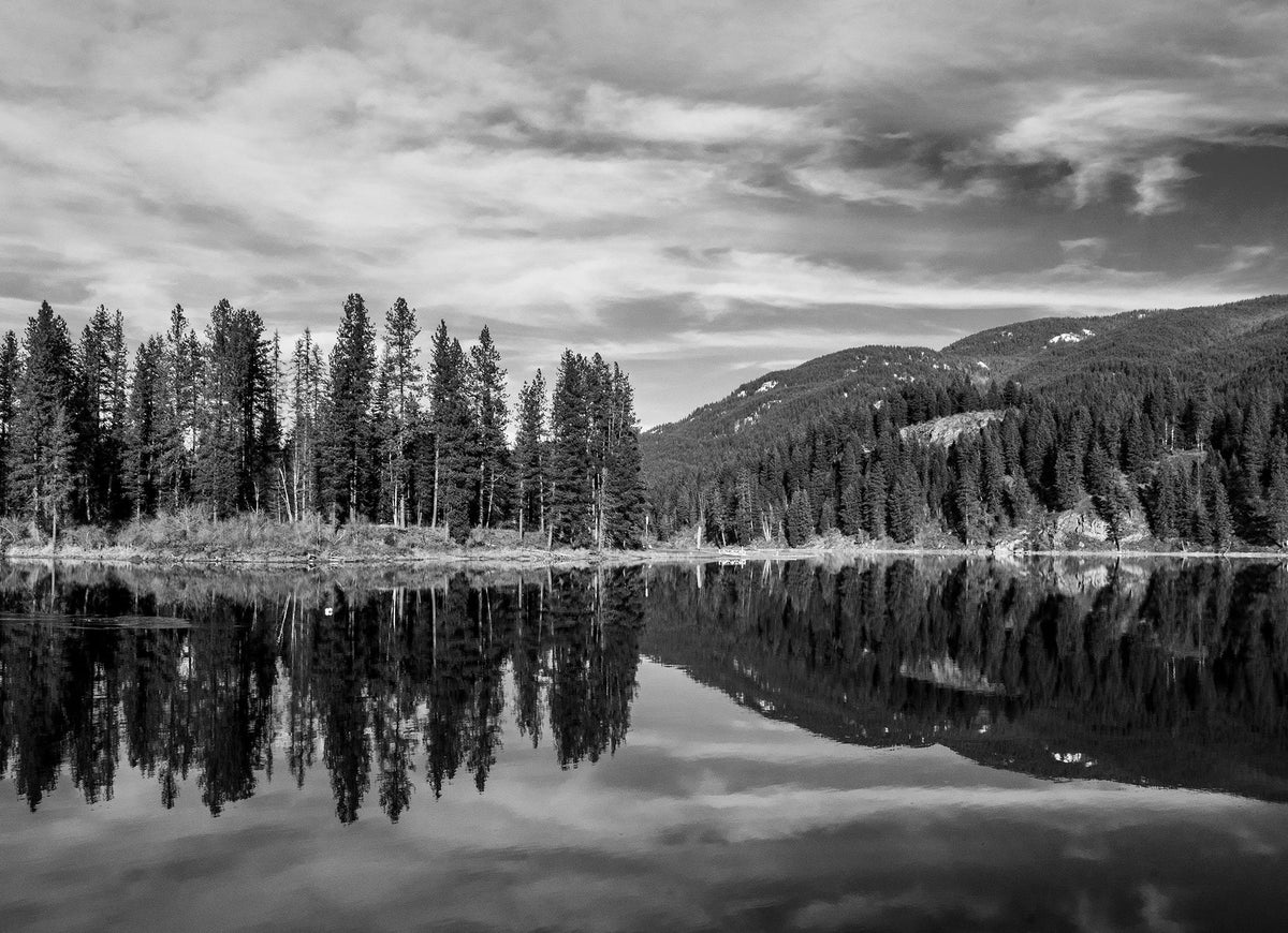 Skookum Lake Idaho Photography, Black and White Forest Reflection Art