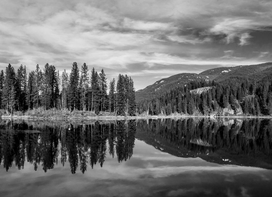 Skookum Lake Idaho Photography, Black and White Forest Reflection Art