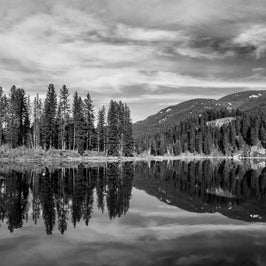 Skookum Lake Idaho Photography, Black and White Forest Reflection Art