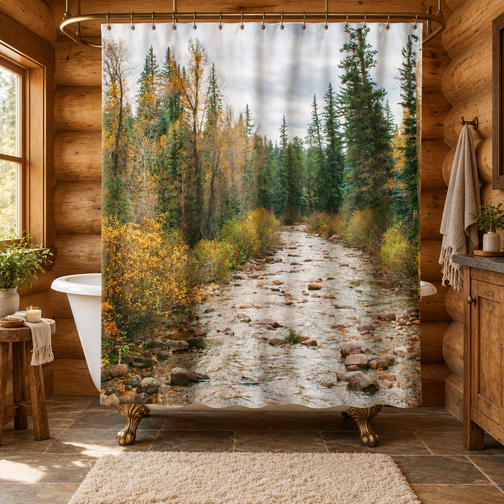 Forest creek shower curtain in a log cabin bathroom with a clawfoot bathtub and fluffy rug