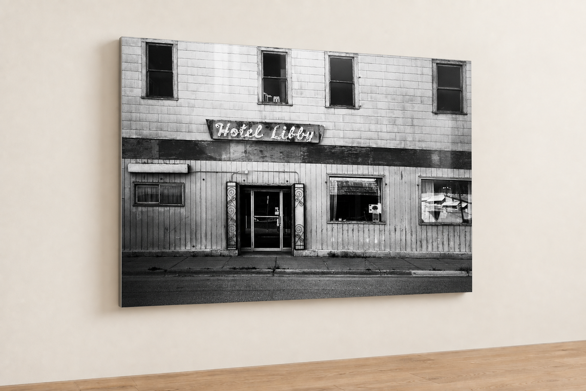Glossy metal print mockup on cream wall