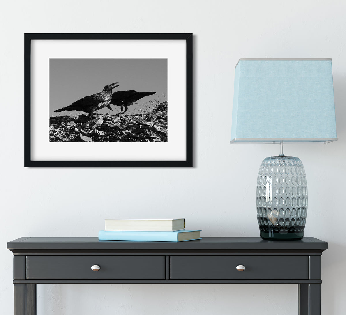 Ravens in Glacier, Black and White Photo Print