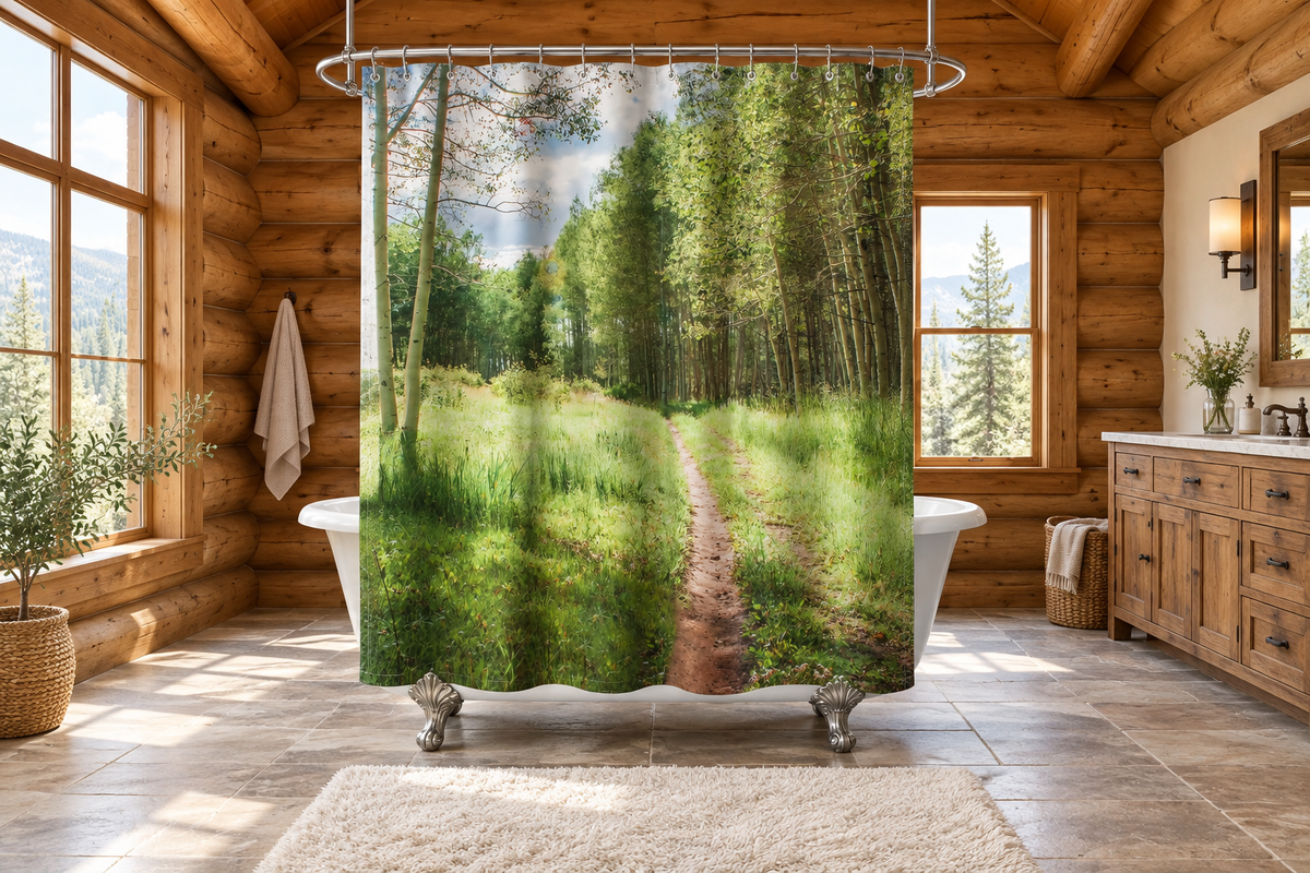 Woodland trail shower curtain in a spacious log cabin bathroom with a clawfoot tub and fluffy ivory rug
