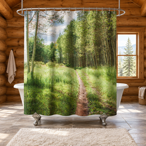 Woodland trail shower curtain in a spacious log cabin bathroom with a clawfoot tub and fluffy ivory rug