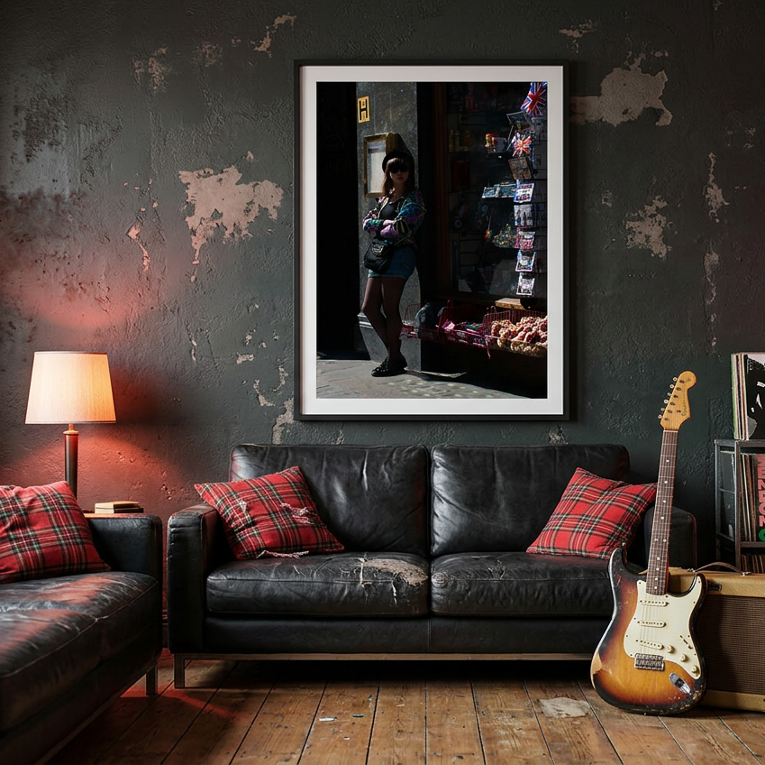 London girl portrait photograph in a black frame in a punk-rock living room