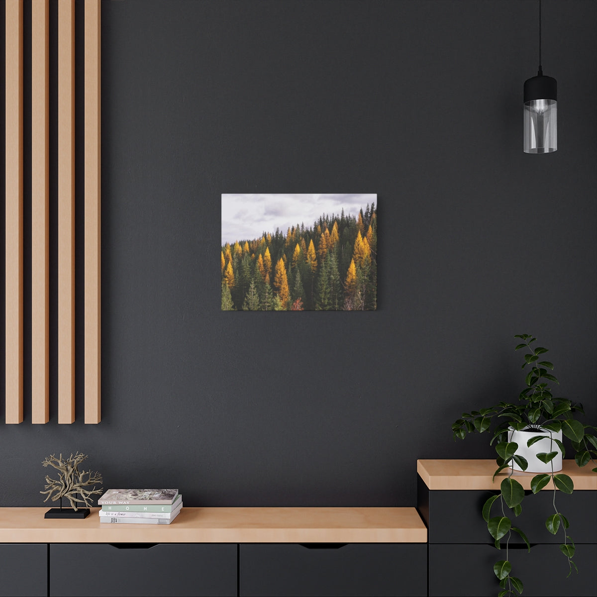 Toile mate Forêt de mélèzes en automne - Prêt à accrocher
