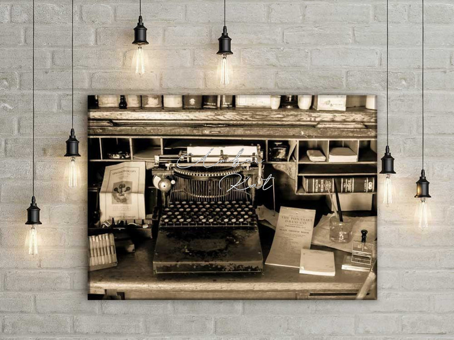 Vintage typewriter with black keys and metallic accents in a 19th century apothecary office south park photo print