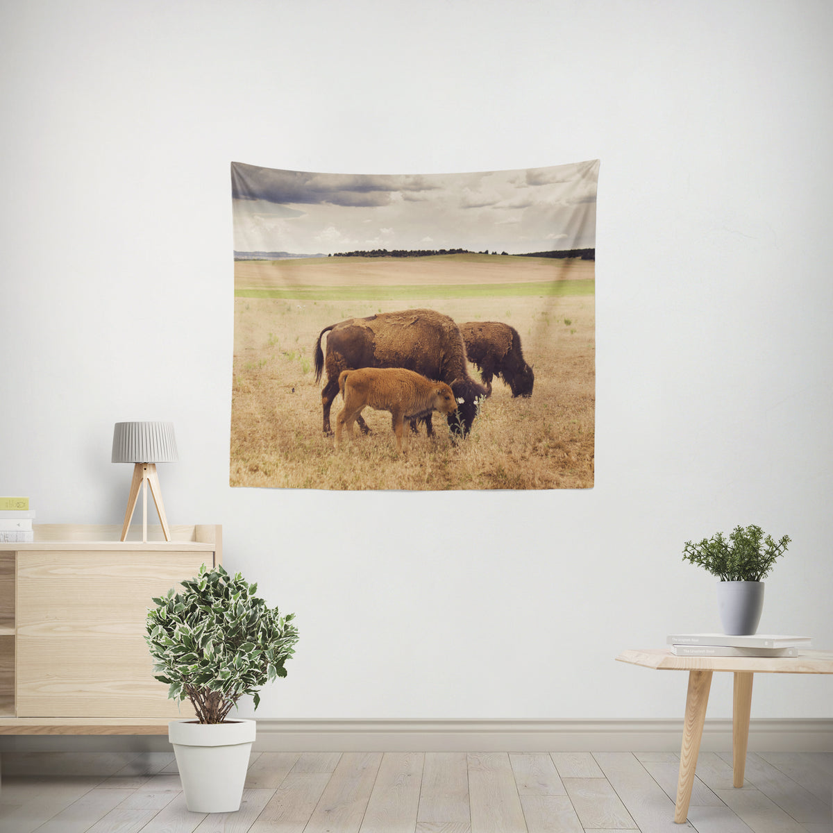 Baby Bison and Family Wildlife Microfiber Wall Tapestry