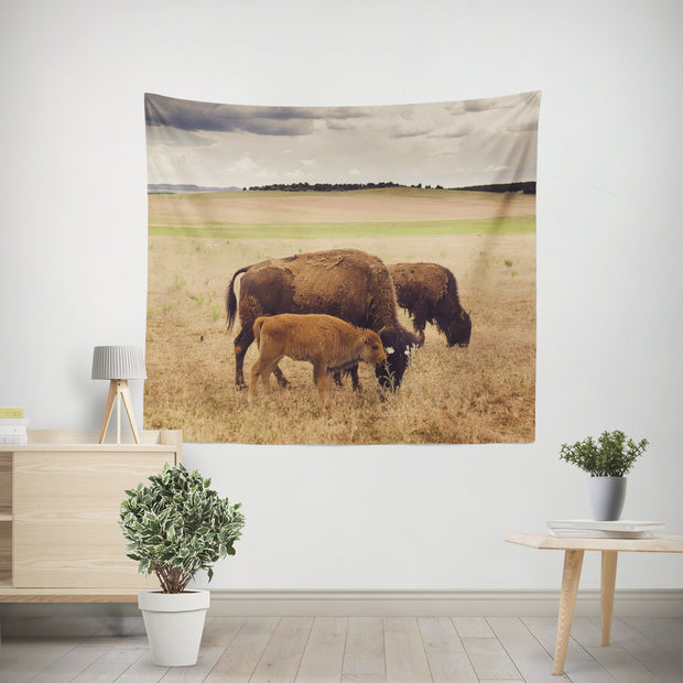 Baby Bison and Family Wildlife Microfiber Wall Tapestry