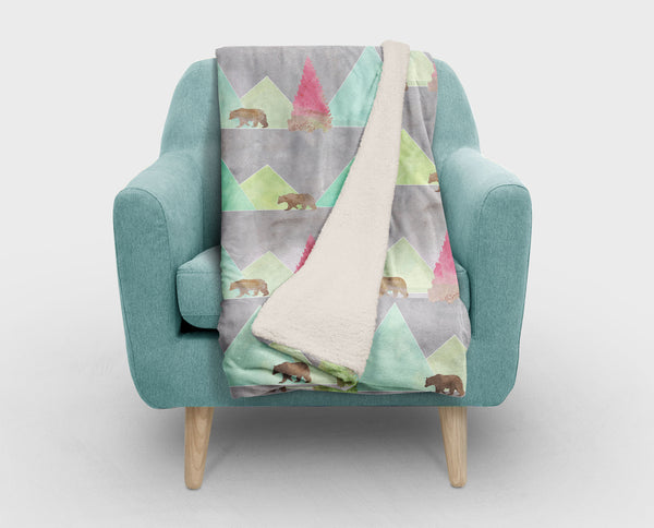 Modern Rustic Bears in Forest Sherpa Throw Blanket - Home