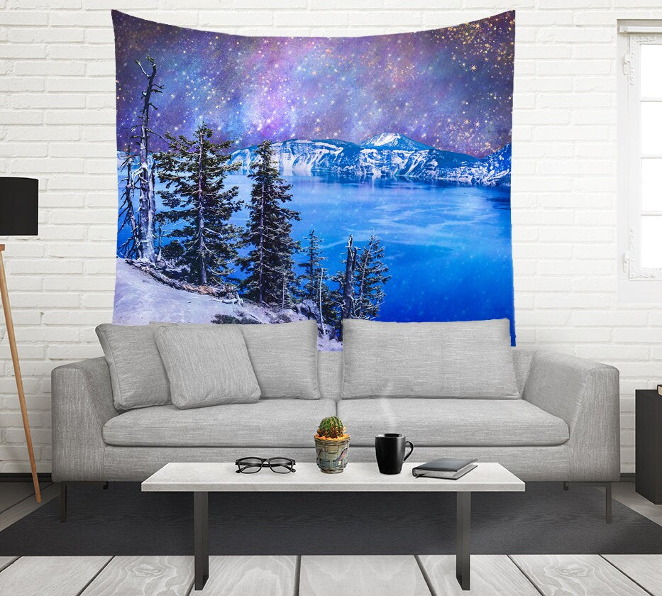 Crater Lake Oregon Surreal Wall Tapestry Outer Space Scene -