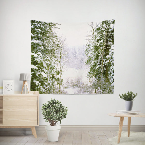 Snowy Forest Holiday Decor Winter Wall Tapestry - Decorative