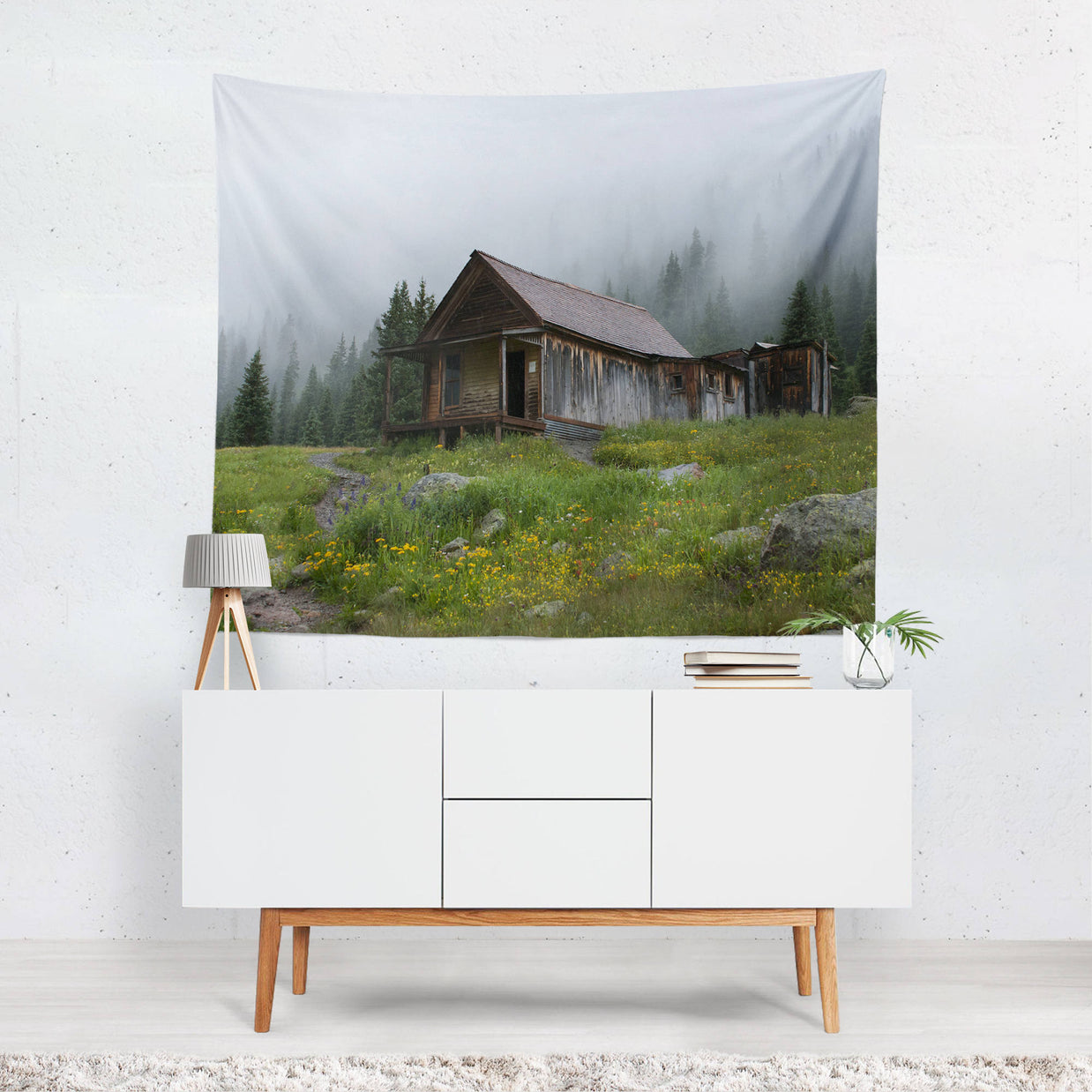 Foggy Cabin Wall Tapestry Rustic Mountain - Decorative