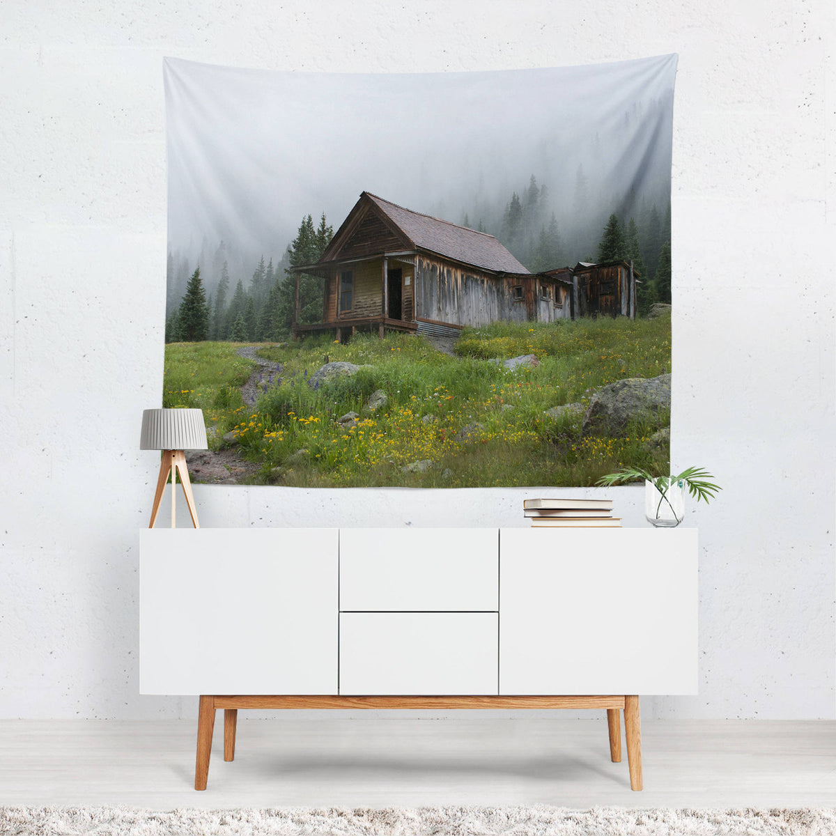 Foggy Cabin Wall Tapestry Rustic Mountain - Decorative