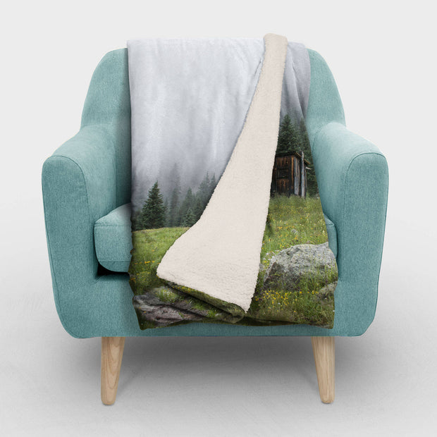 Rustic Blanket Cabin in Foggy Forest Sherpa Throw Theme
