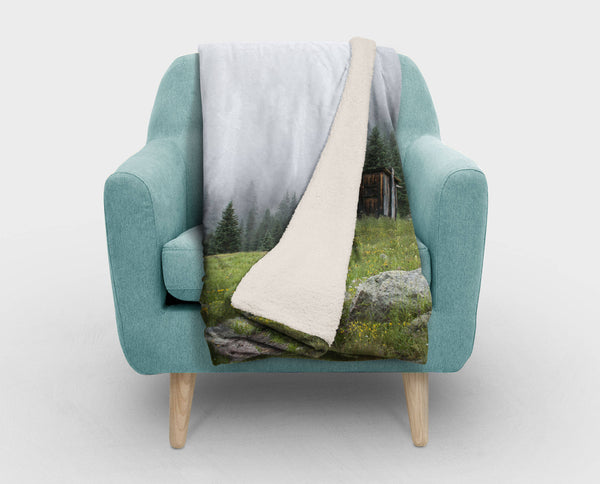 Rustic Blanket Cabin in Foggy Forest Sherpa Throw Theme