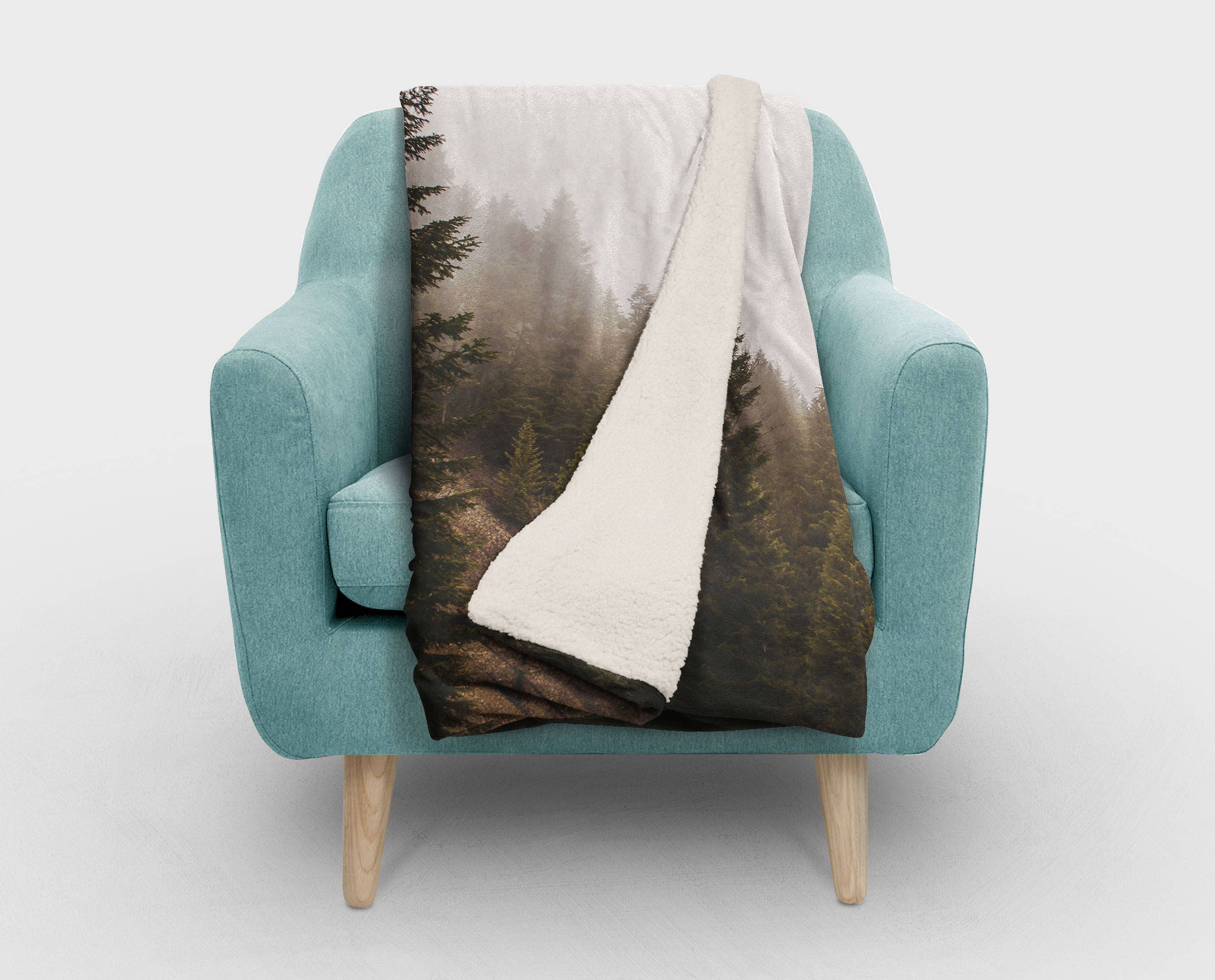 Foggy Forest Sherpa Throw Blanket Mountain Theme Vegan