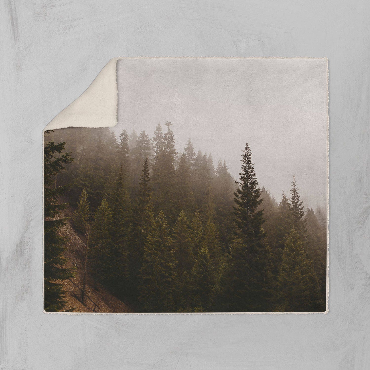Foggy Forest Sherpa Throw Blanket Mountain Theme Vegan