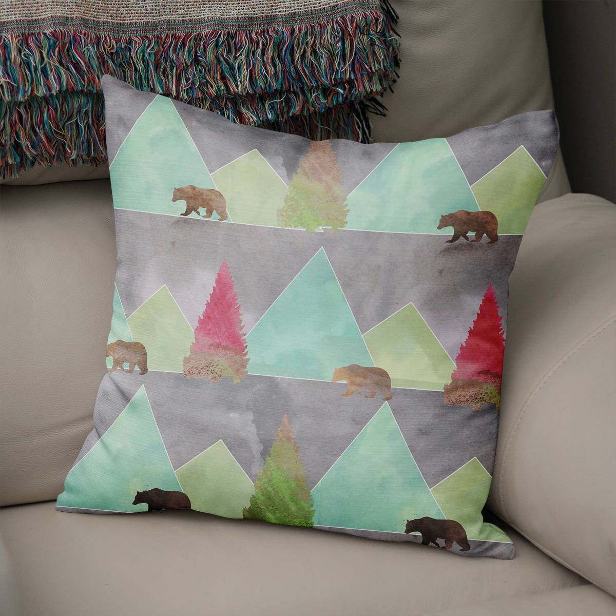 Bears in the Forest Throw Pillow Rustic Mountain Couch
