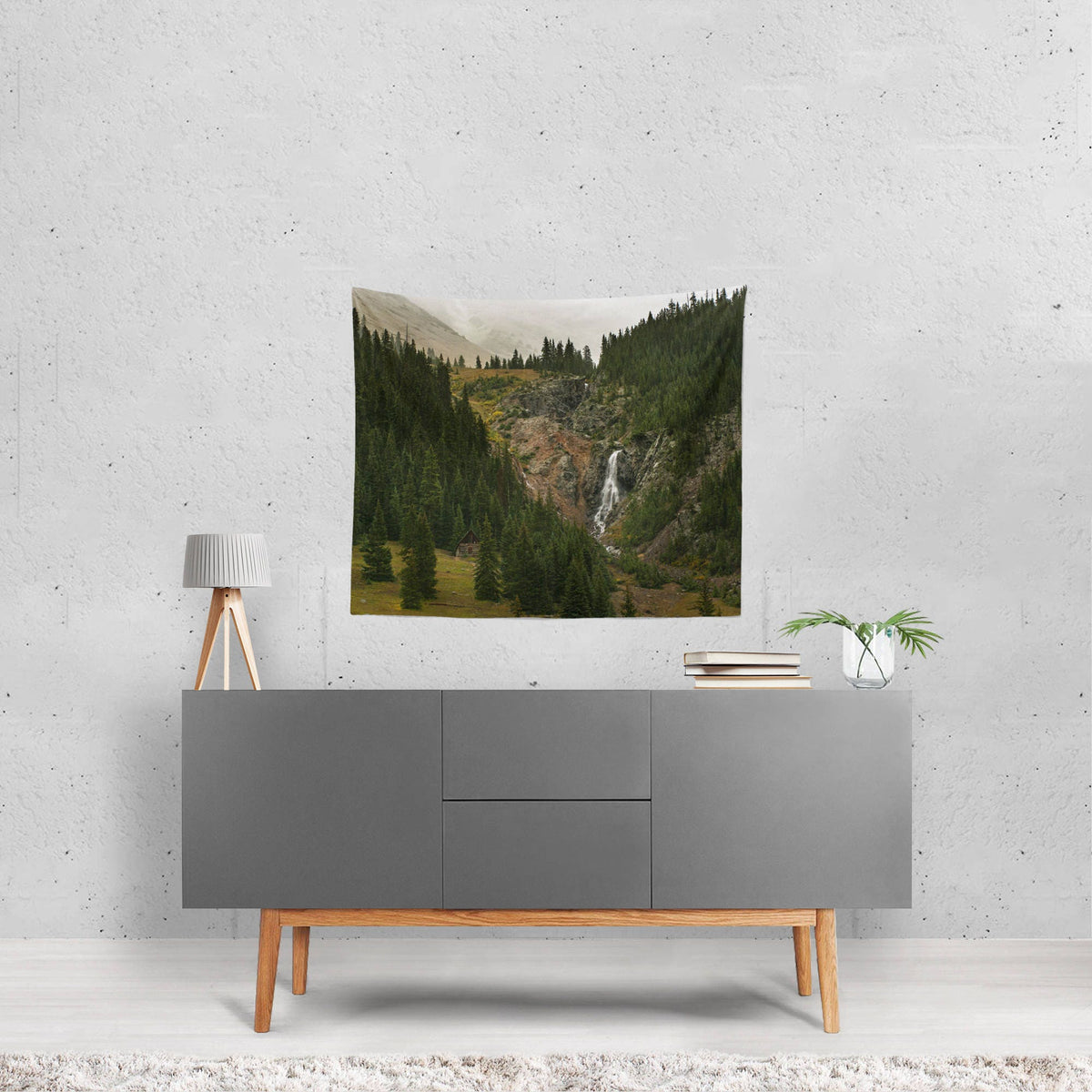 Cabin and Waterfall Tapestry Colorado Mountain Decor -