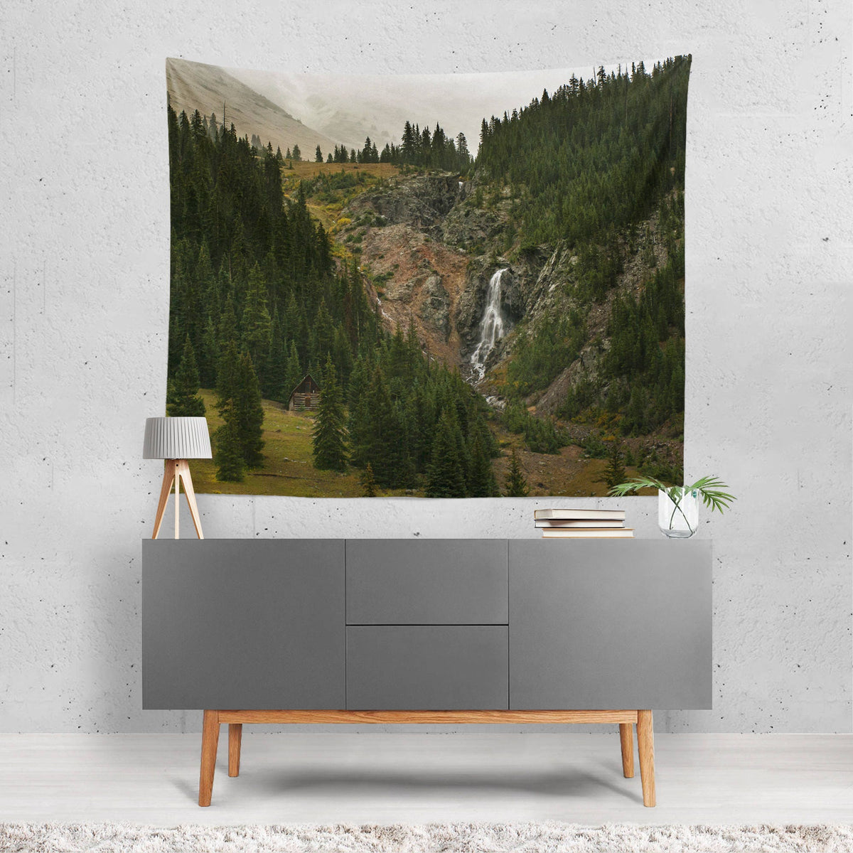 Cabin and Waterfall Tapestry Colorado Mountain Decor -
