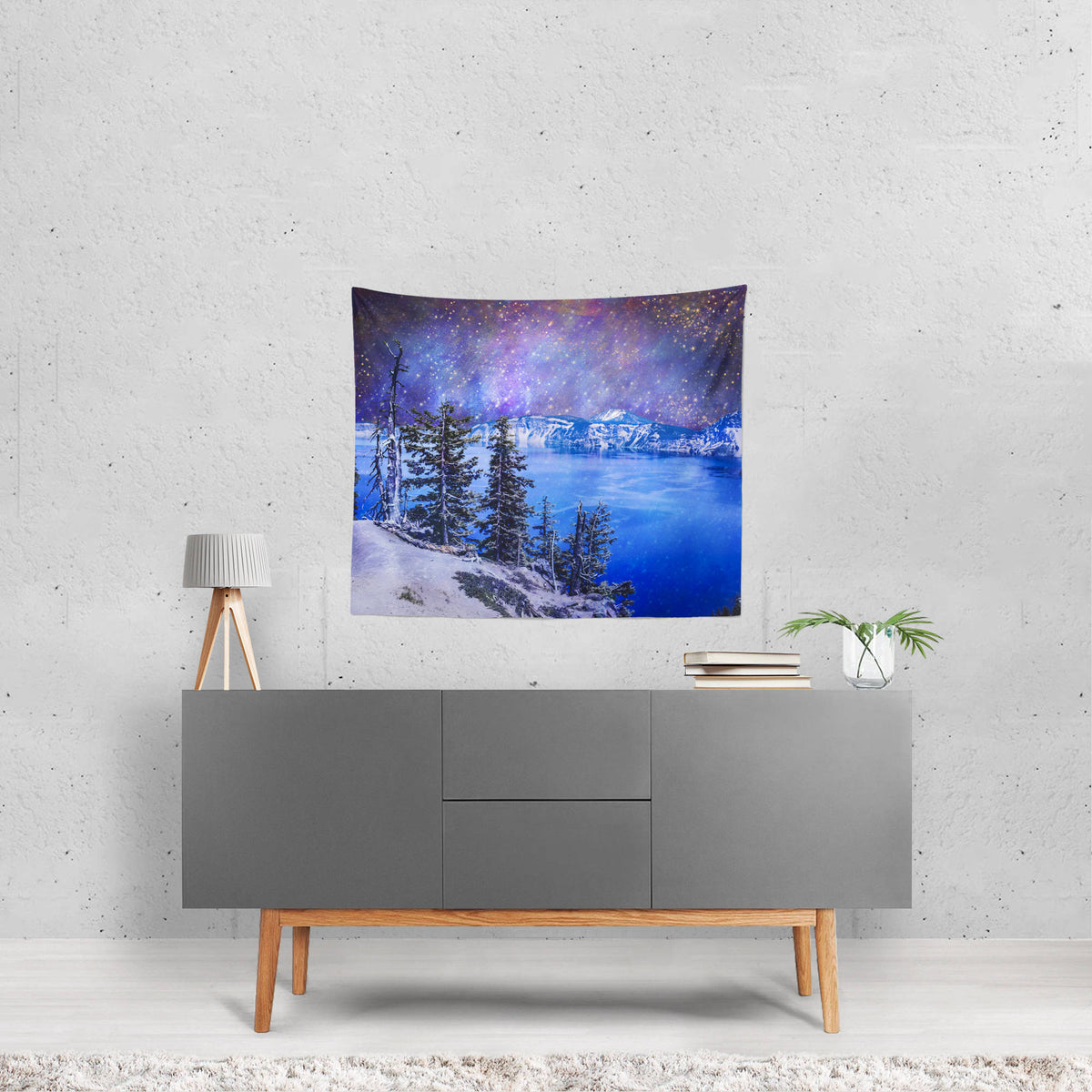 Crater Lake Oregon Surreal Wall Tapestry Outer Space Scene -