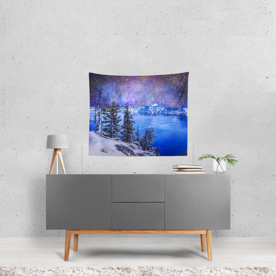 Crater Lake Oregon Surreal Wall Tapestry Outer Space Scene -