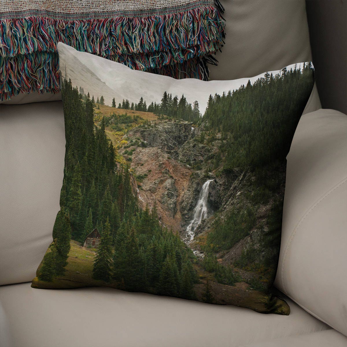 Colorado Cabin and Waterfall Scenic Nature Throw Pillow