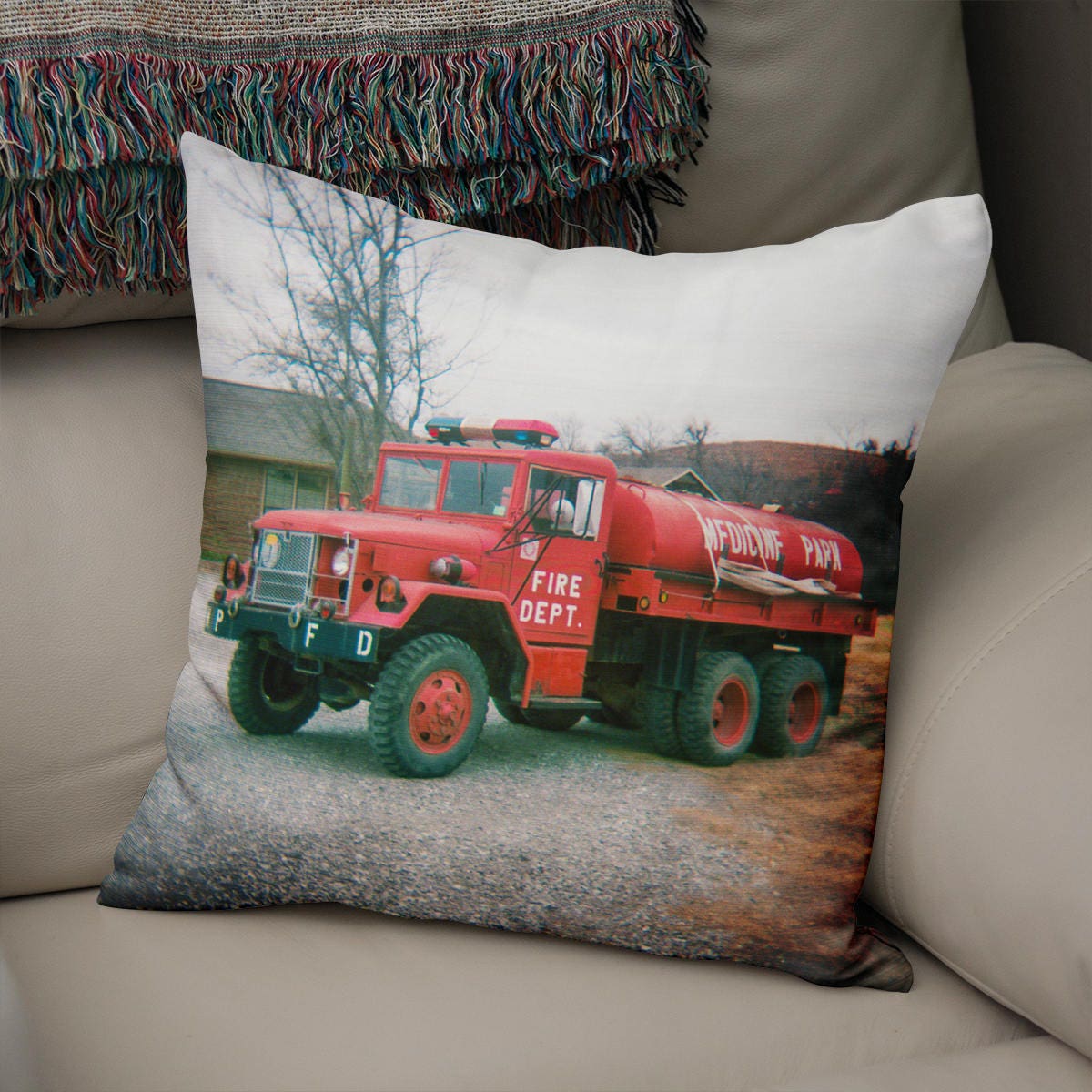 Fire Truck Throw Pillow Cover Vintage Red Engine - Pillows