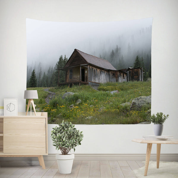 Foggy Cabin Wall Tapestry Rustic Mountain - Decorative