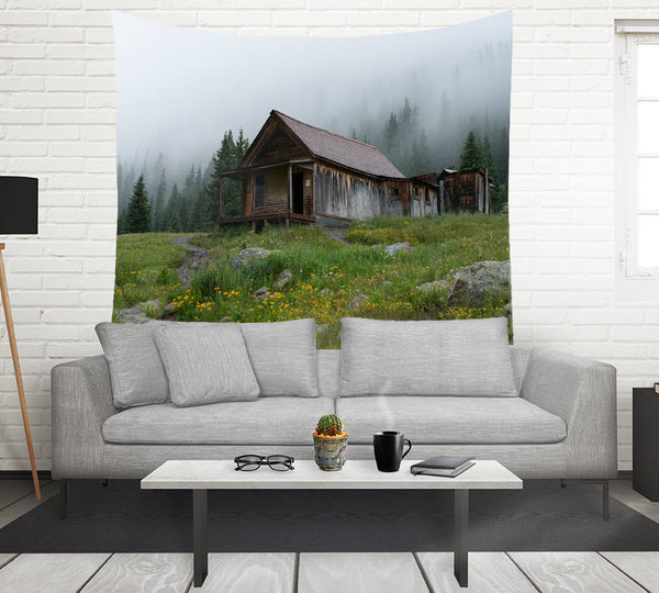 Foggy Cabin Wall Tapestry Rustic Mountain - Decorative