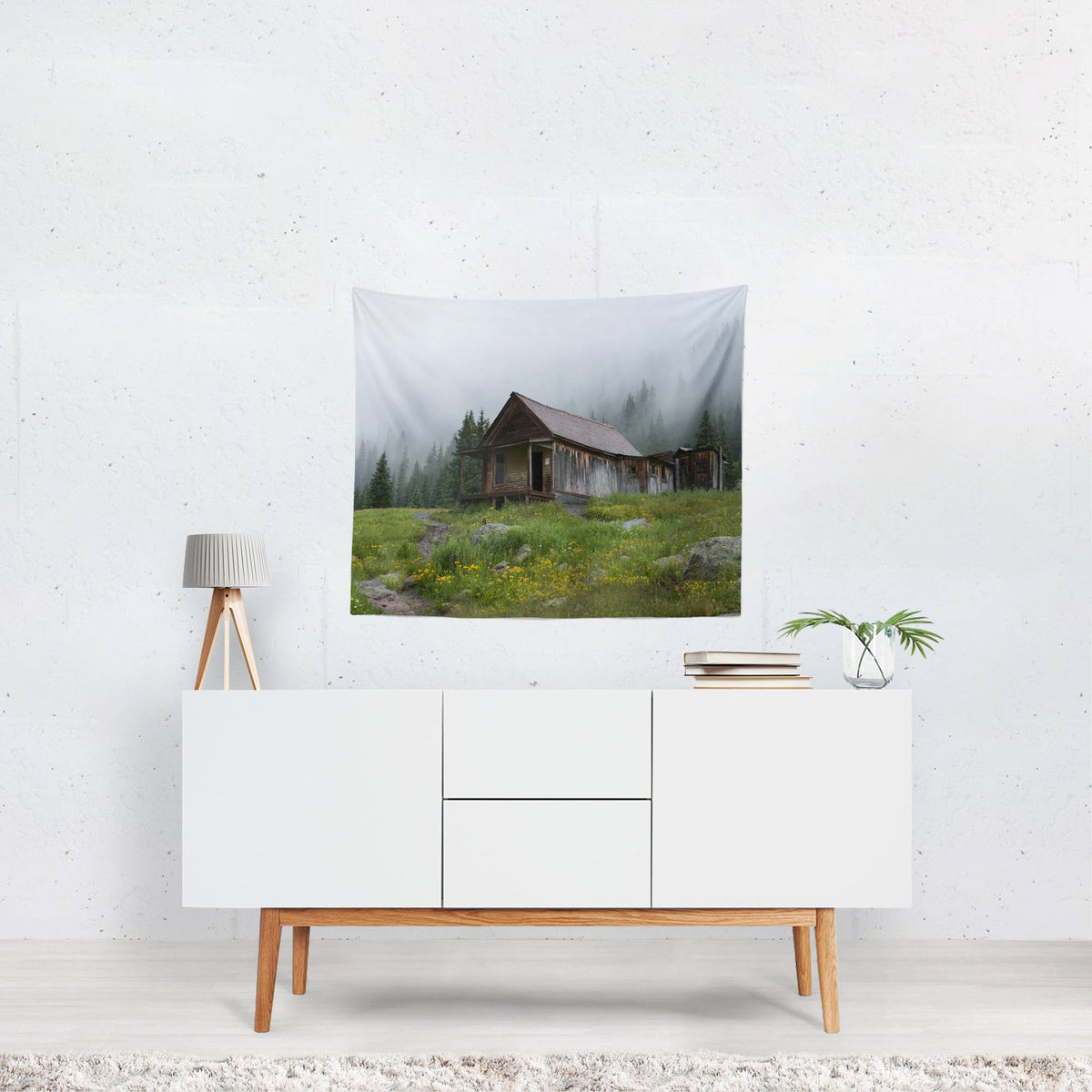 Foggy Cabin Wall Tapestry Rustic Mountain - Decorative