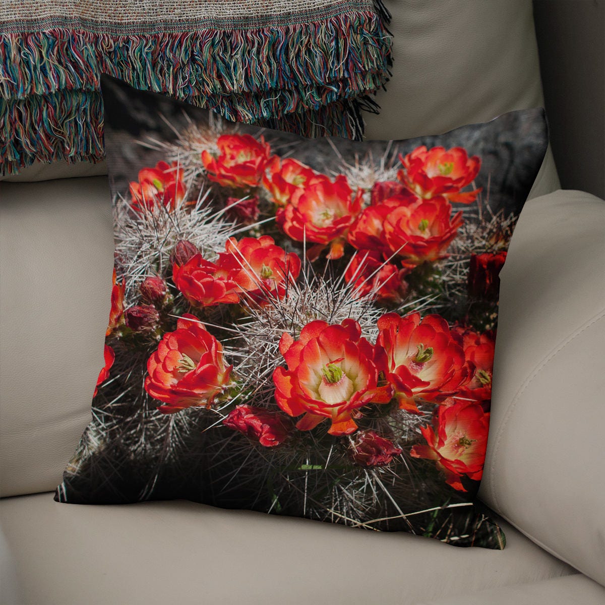 Black and Red Cactus Flowers Throw Pillow Cover - Pillows