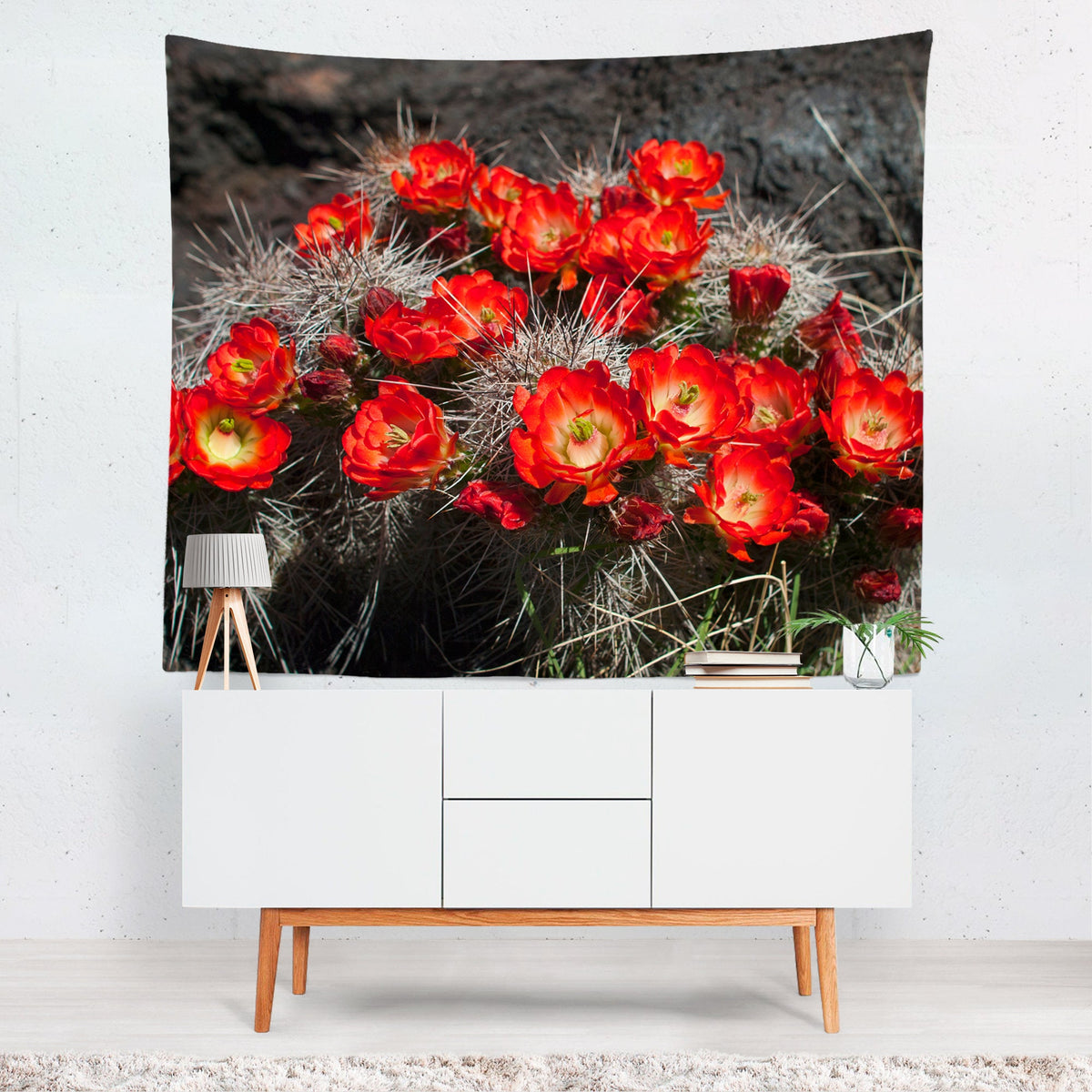 Red Cactus Flowers Southwest Wall Tapestry - Decorative